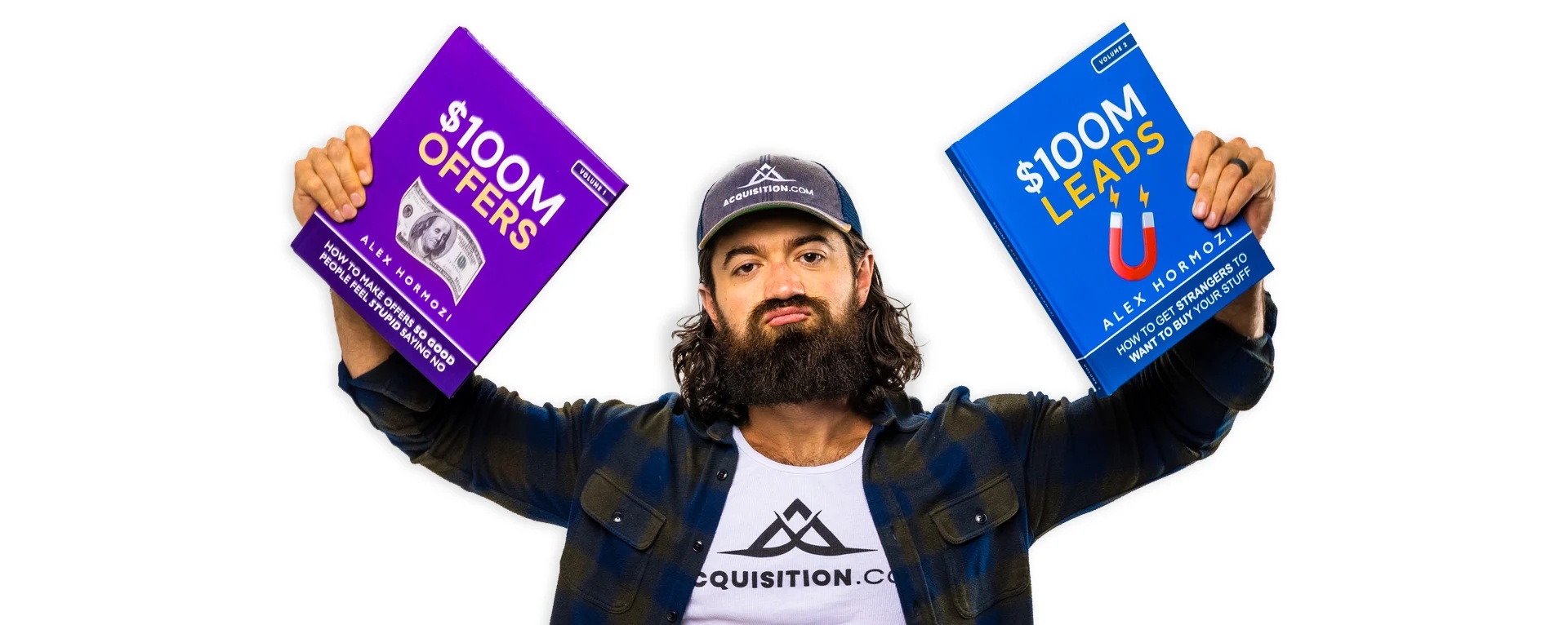 Alex Hormozi holding his books in an official portrait.
