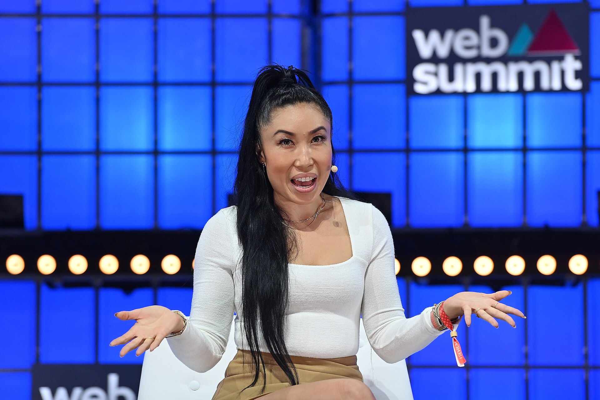 2 November 2022; Cassey Ho, Blogilates on Centre stage during day one of Web Summit 2022 at the Altice Arena in Lisbon, Portugal. Photo by Ramsey Cardy/Web Summit via Sportsfile