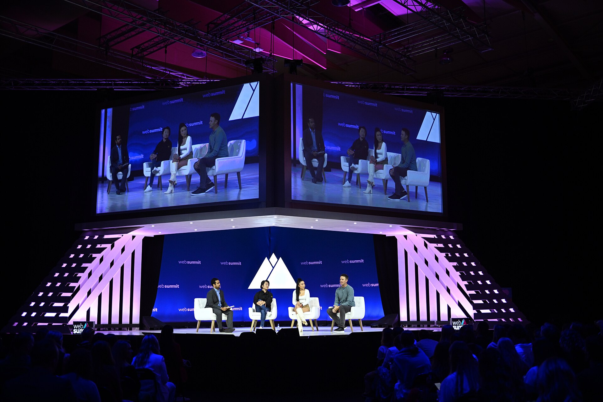 2 November 2022; Speakers from left, Abhinav Ramnarayan, Corporate Finance Reporter, Bloomberg News; Sean Kim, Kajabi; Cassey Ho, Blogilates; Daniel Markham, What's Inside; on Verified stage during day one of Web Summit 2022 at the Altice Arena in Lisbon,.