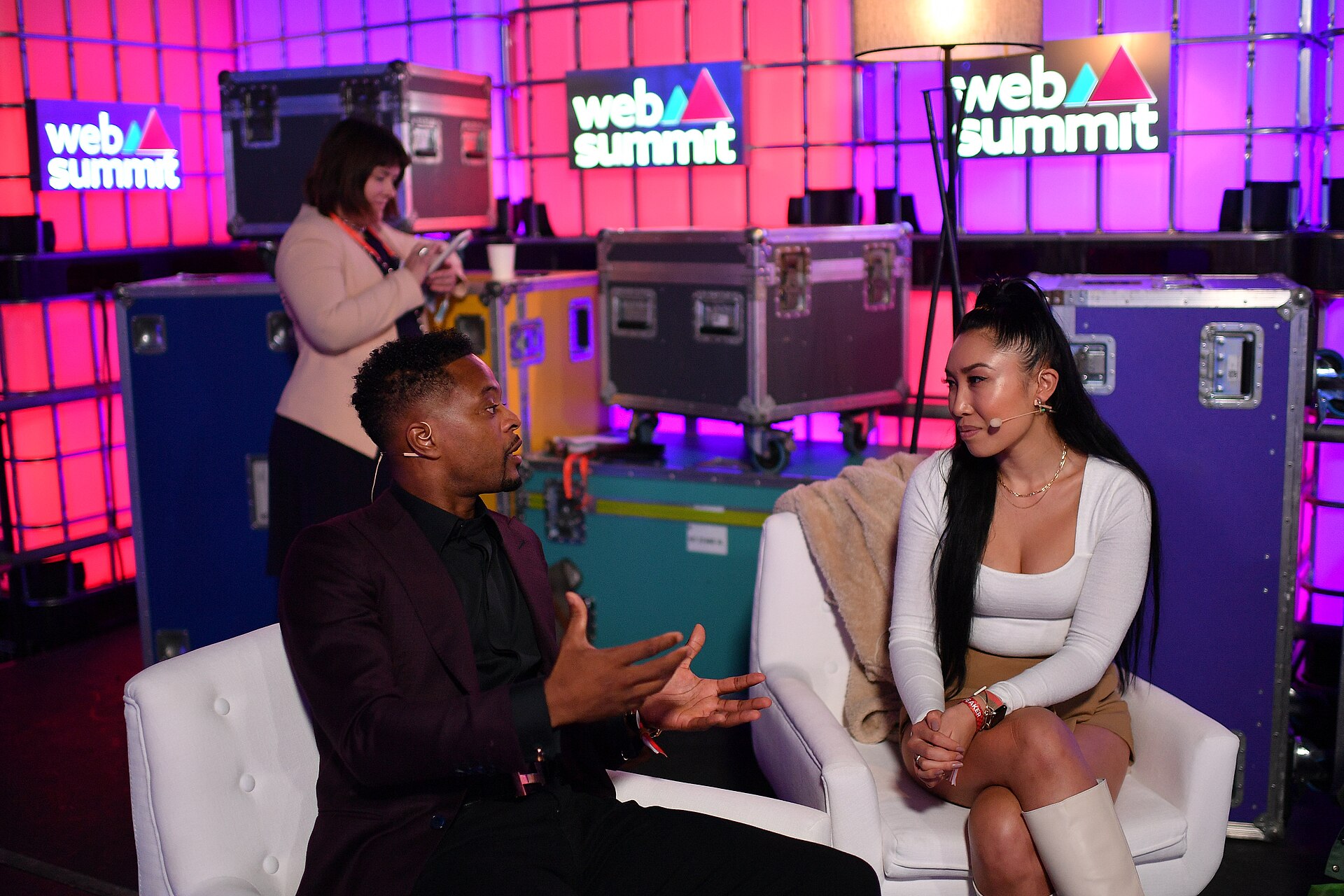 2 November 2022; Speakers from left, Patrice Evra; Footballer and Entrepreneur and Cassey Ho, Blogilates backstage at Centre stage during day one of Web Summit 2022 at the Altice Arena in Lisbon, Portugal. Photo by Ramsey Cardy/Web Summit via Sportsfile