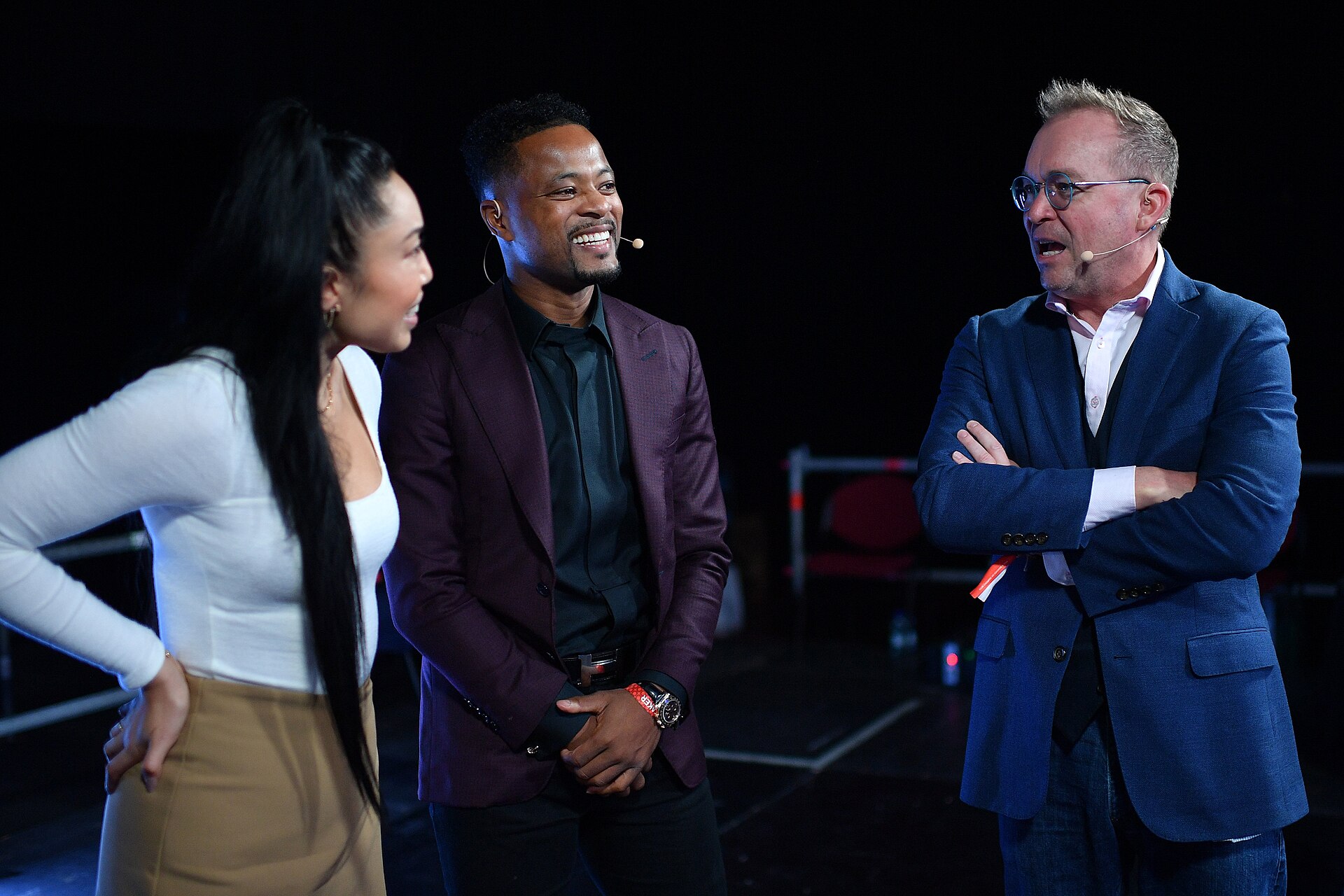 2 November 2022; Speakers from left, Cassey Ho, Blogilates, Patrice Evra; Footballer and Entrepreneur, and Mick Mulvaney, Actum pictured backstage at Centre stage during day one of Web Summit 2022 at the Altice Arena in Lisbon, Portugal. Photo by Ramsey.