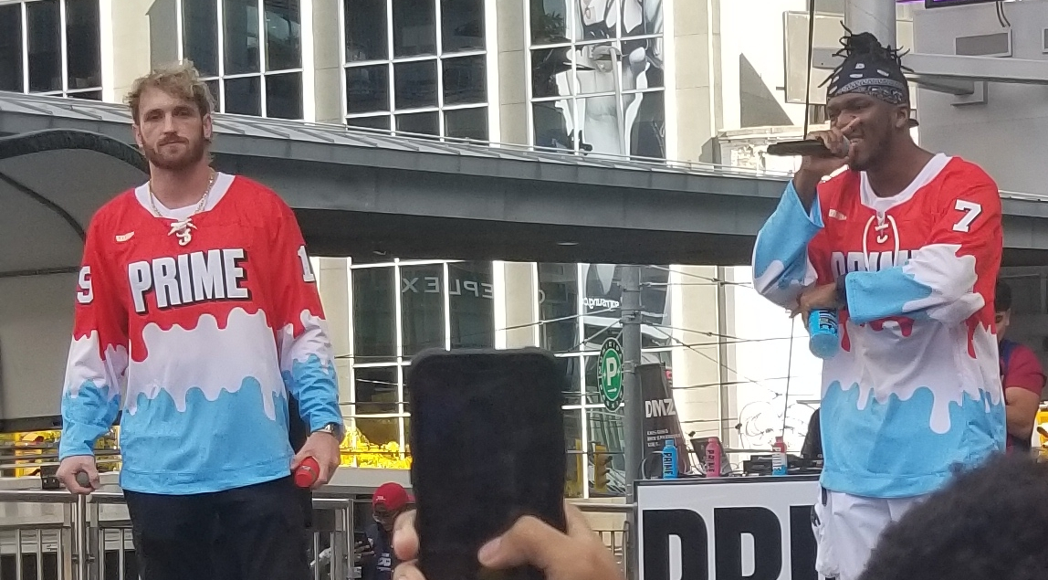 KSI and Logan Paul appear at a PRIME Hydration promotional event, drawing massive crowds to Yonge-Dundas Square in downtown Toronto , Canada .